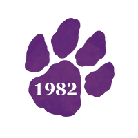 Purple paw print with text "1982"