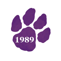 Purple paw print with text "1989"