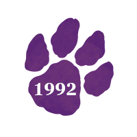 Purple paw print with text "1992"