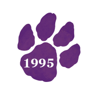 Purple paw print with text "1995"