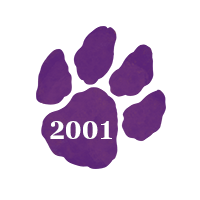 Purple paw print with text "2001"