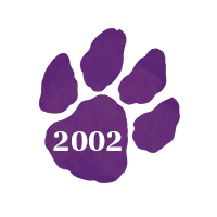 Purple paw print with text "2002"